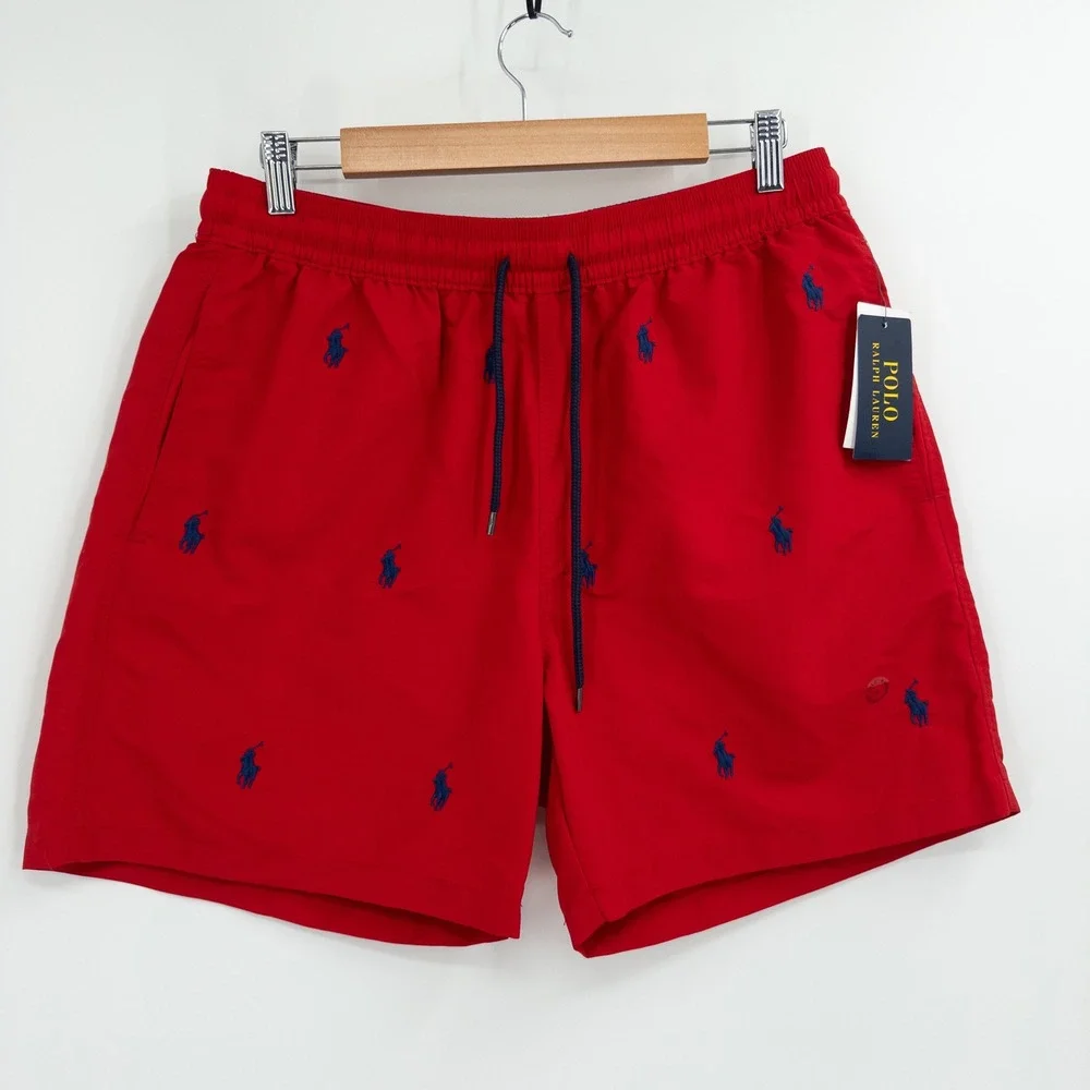 New Polo Ralph Lauren Swim Trunks Mens Large Red All Over Pony Preppy NWT